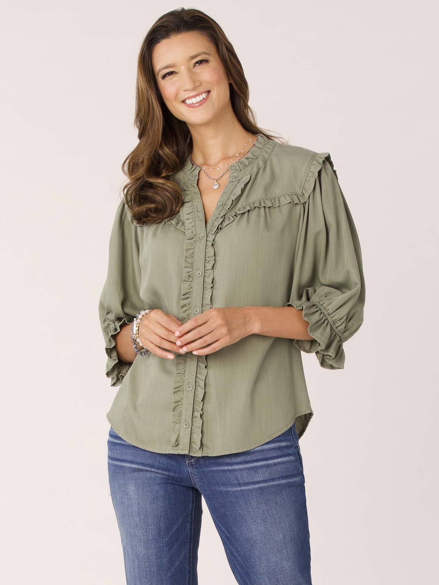 Ruffle Edge Neck Lantern Flounce Sleeve Button Down Woven Top Spring-Summer JOOR - Democracy