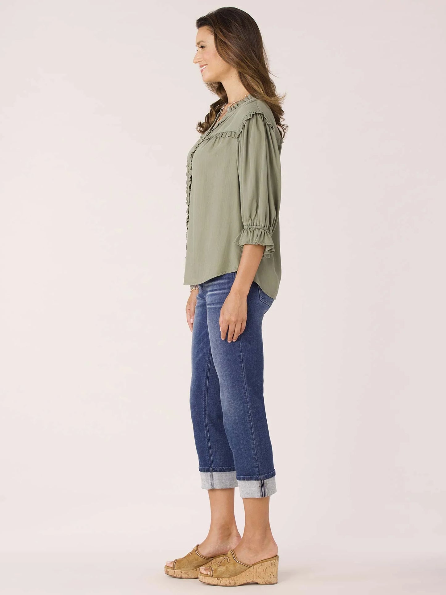 Ruffle Edge Neck Lantern Flounce Sleeve Button Down Woven Top Spring-Summer JOOR - Democracy