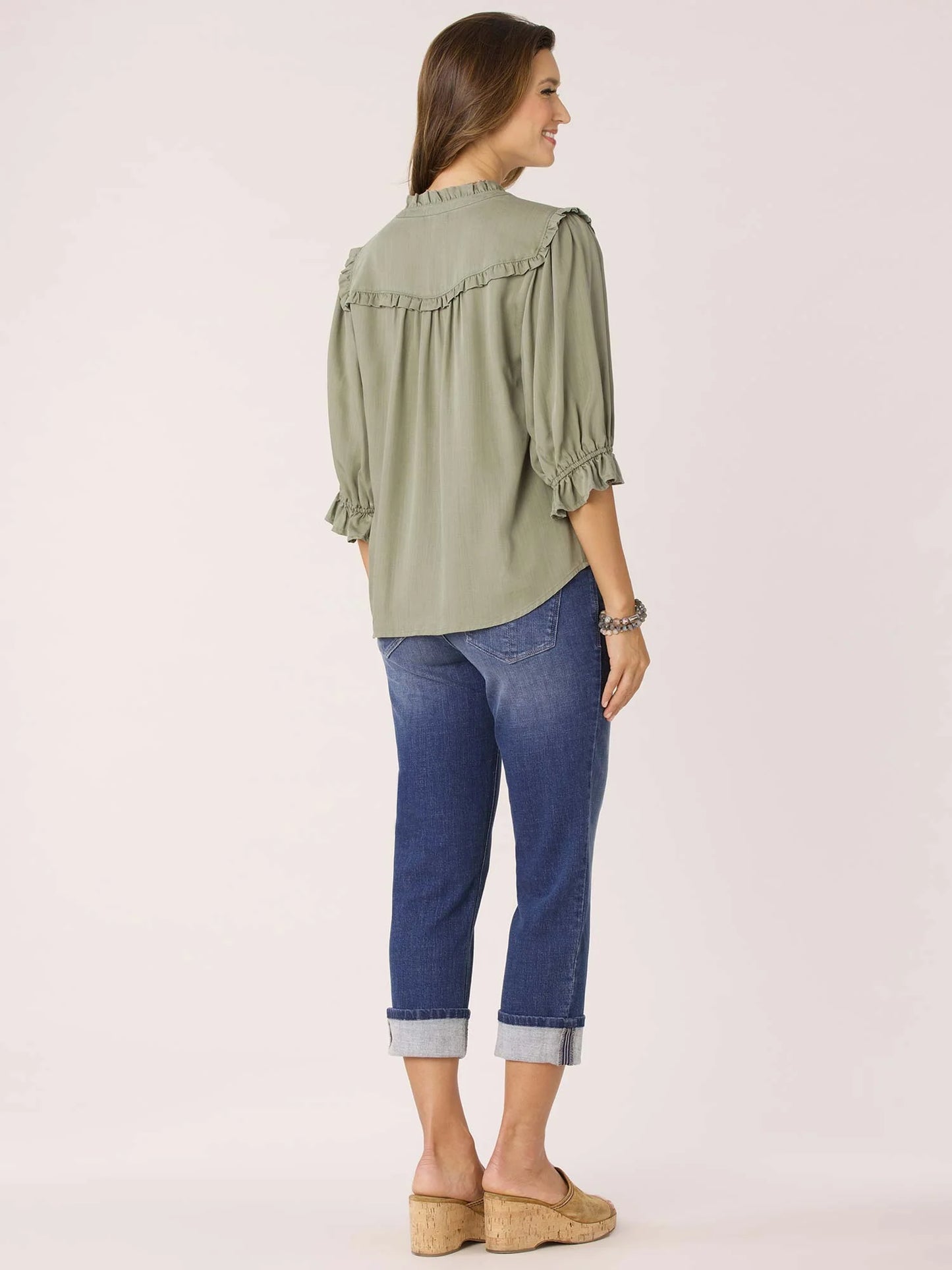 Ruffle Edge Neck Lantern Flounce Sleeve Button Down Woven Top Spring-Summer JOOR - Democracy