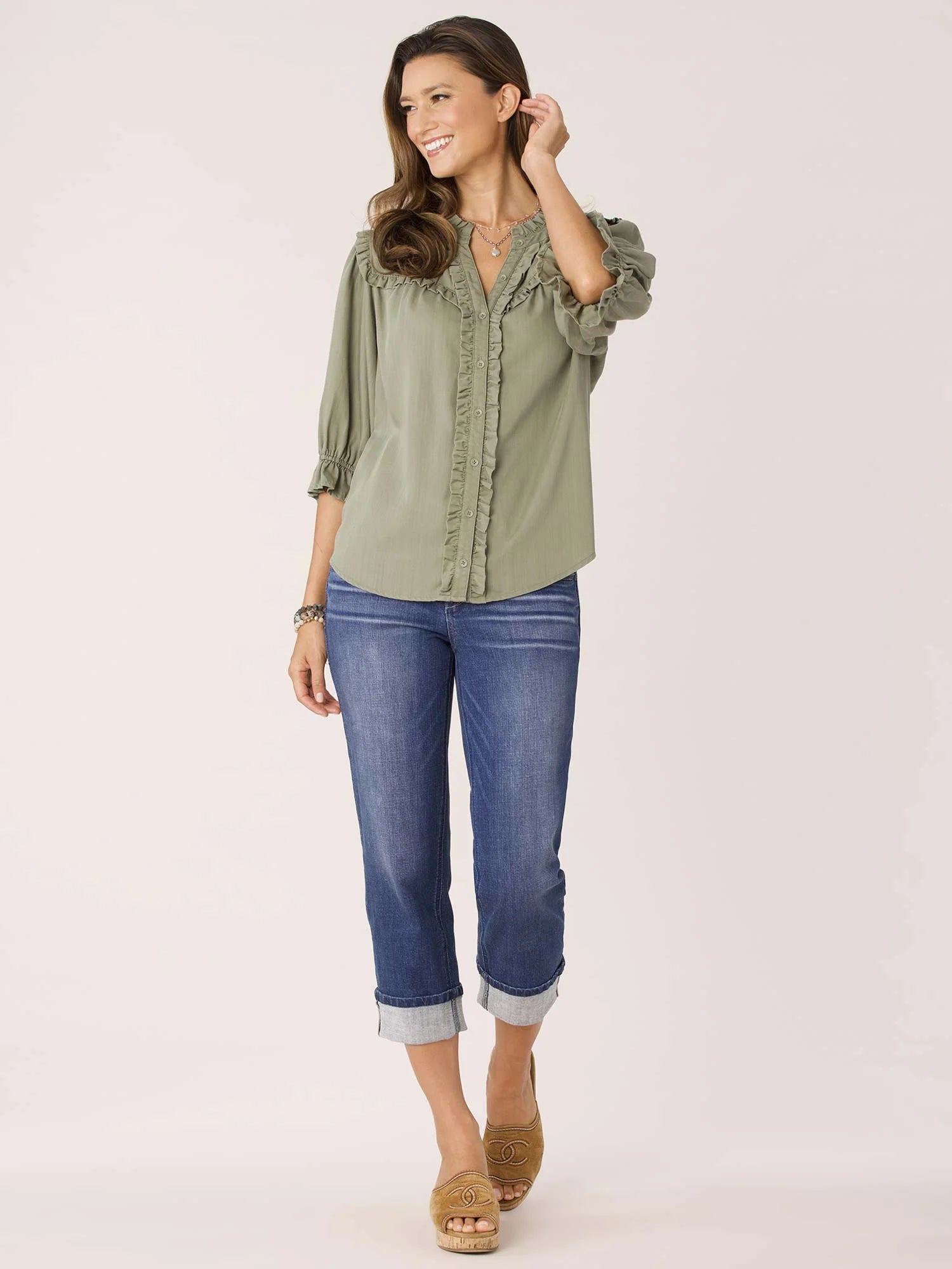 Ruffle Edge Neck Lantern Flounce Sleeve Button Down Woven Top Spring-Summer JOOR - Democracy