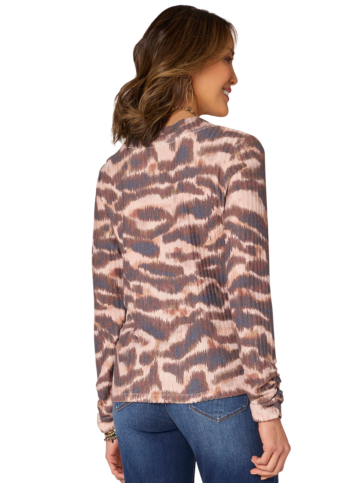 PLUS SIZE LONG SLEEVE CREW NECK PRINTED KNIT TOP W/ RUCHED DETAIL Fall-Winter JOOR - Democracy