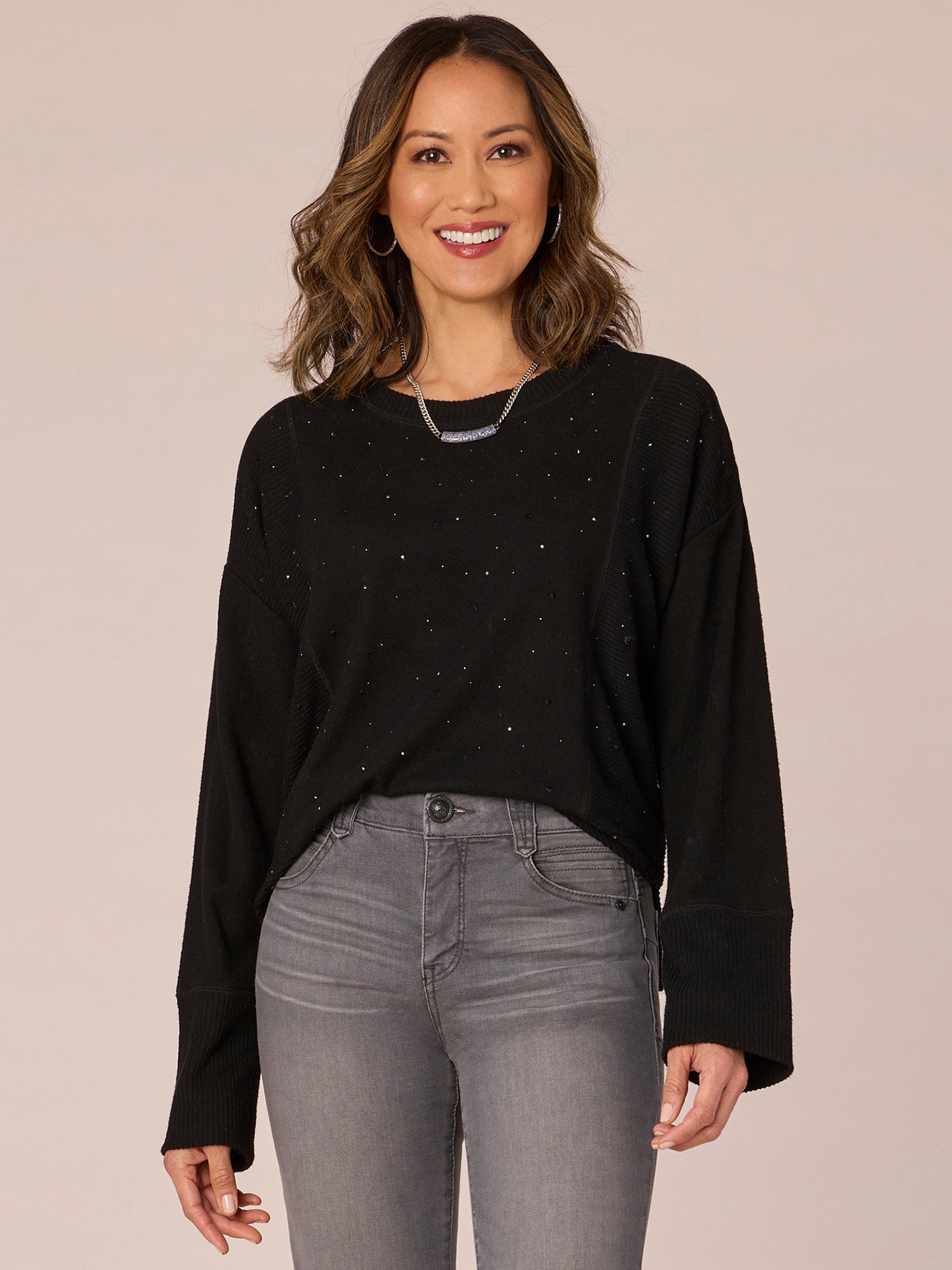 Long Straight Sleeve Scoop Neck Rhinestone Mixed Media Knit Top In Black Fall-Winter JOOR - Democracy