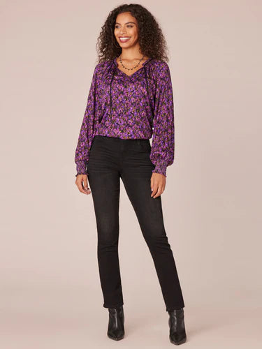 Long Sleeve Ruffle Edge V-Neck Floral Print Woven Top with Ties Fall-Winter JOOR - Democracy