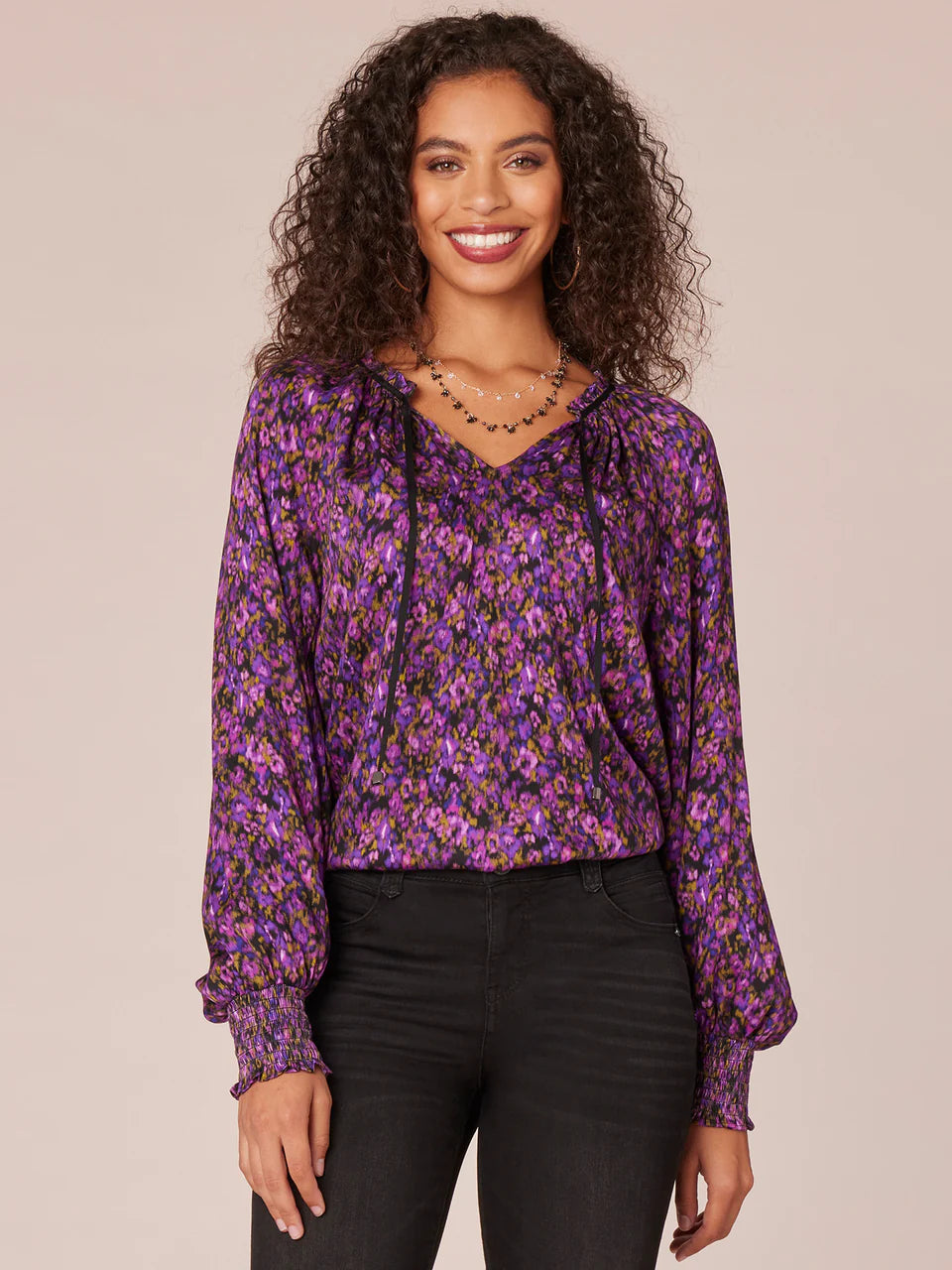 Long Sleeve Ruffle Edge V-Neck Floral Print Woven Top with Ties Fall-Winter JOOR - Democracy