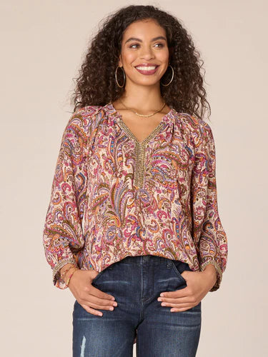 Three Quarter Blouson Sleeve Ruffle Split V-Neck Printed Woven Top Fall-Winter JOOR - Democracy