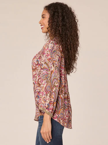 Three Quarter Blouson Sleeve Ruffle Split V-Neck Printed Woven Top Fall-Winter JOOR - Democracy