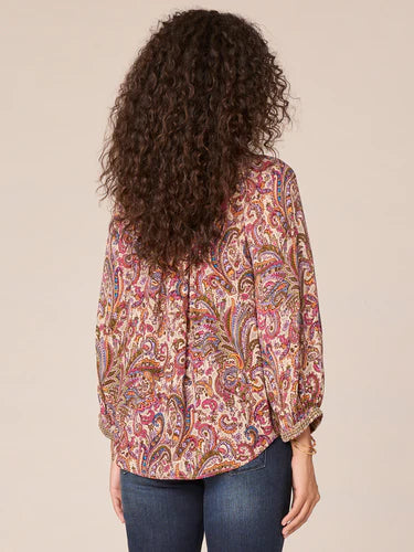 Three Quarter Blouson Sleeve Ruffle Split V-Neck Printed Woven Top Fall-Winter JOOR - Democracy