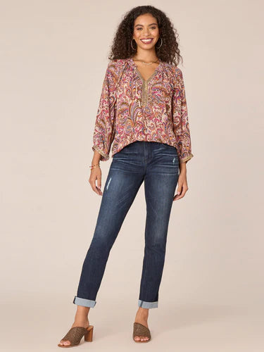 Three Quarter Blouson Sleeve Ruffle Split V-Neck Printed Woven Top Fall-Winter JOOR - Democracy