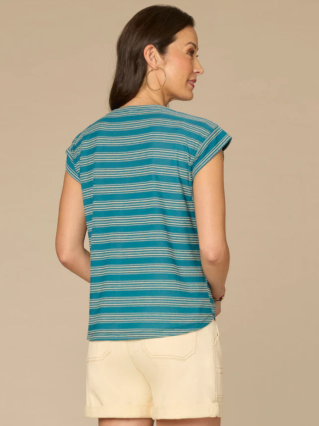 Cap Sleeve Scoop Neck Embroidered Stripe Knit Top