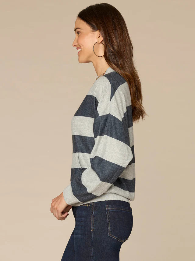 Long Sleeve V-Notch Neck Striped Knit Top with Kangaroo Pocket