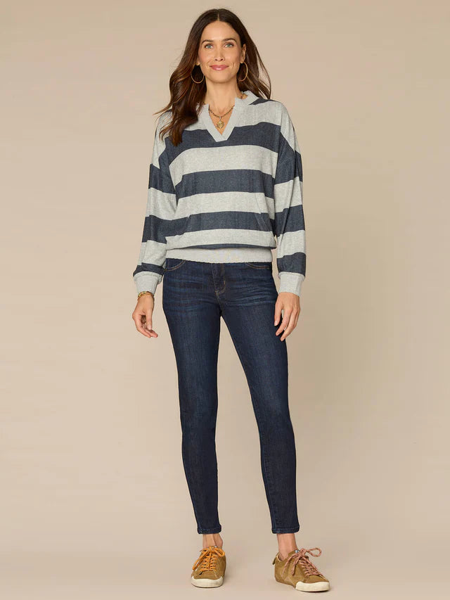 Long Sleeve V-Notch Neck Striped Knit Top with Kangaroo Pocket
