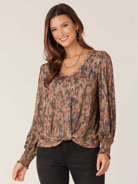 Long Blouson Sleeve V-Neck Twisted Hem Printed Knit Top Fall-Winter JOOR - Democracy