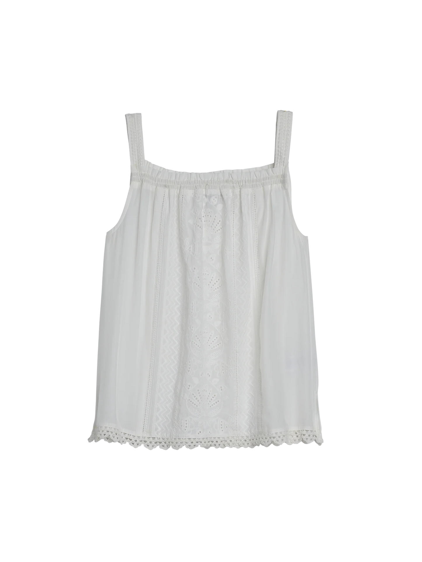 Wide Strap Ruched Square Neck Embroidered Scallop Edge Woven Tank Top Spring-Summer JOOR - Democracy