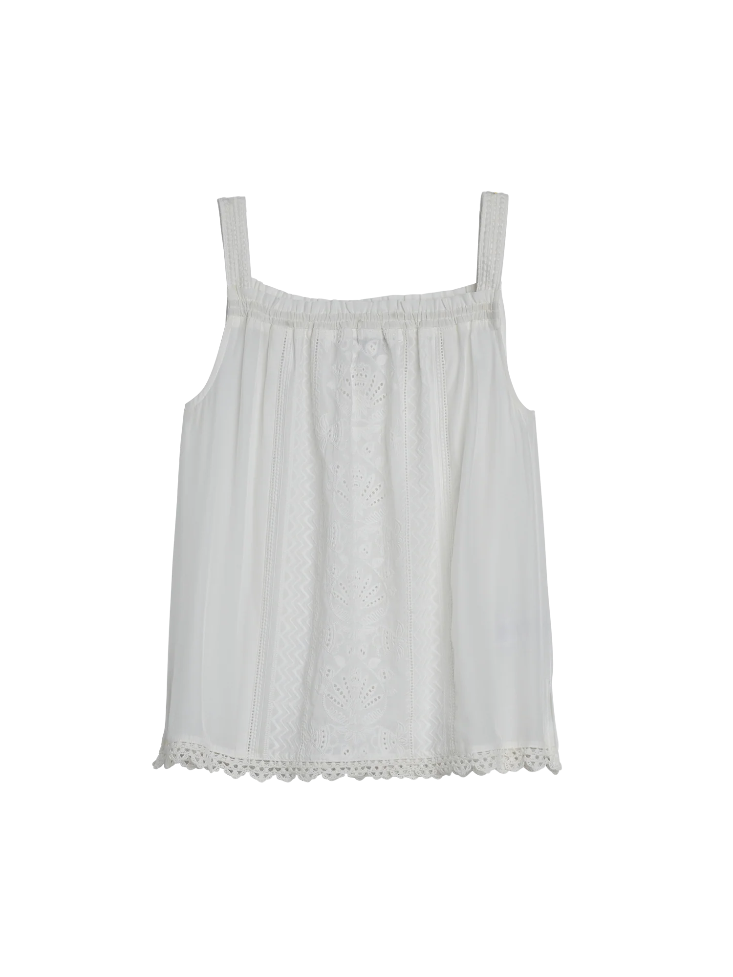 Wide Strap Ruched Square Neck Embroidered Scallop Edge Woven Tank Top Spring-Summer JOOR - Democracy