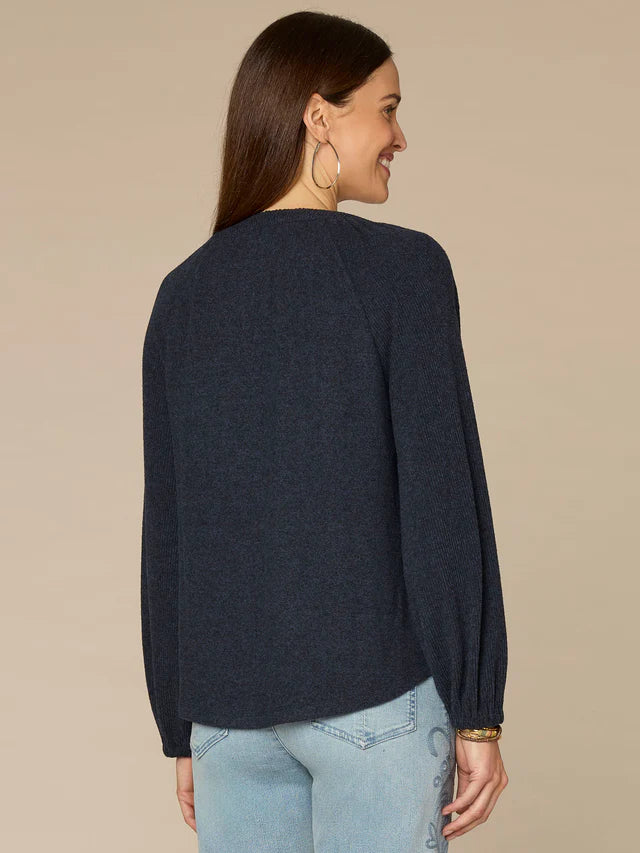 Long Blouson Sleeve Split V-Neck Knit Top with Novelty Smocking Detail