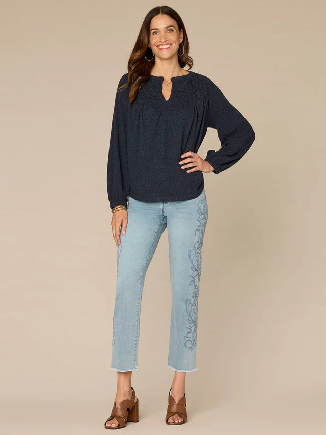 Long Blouson Sleeve Split V-Neck Knit Top with Novelty Smocking Detail