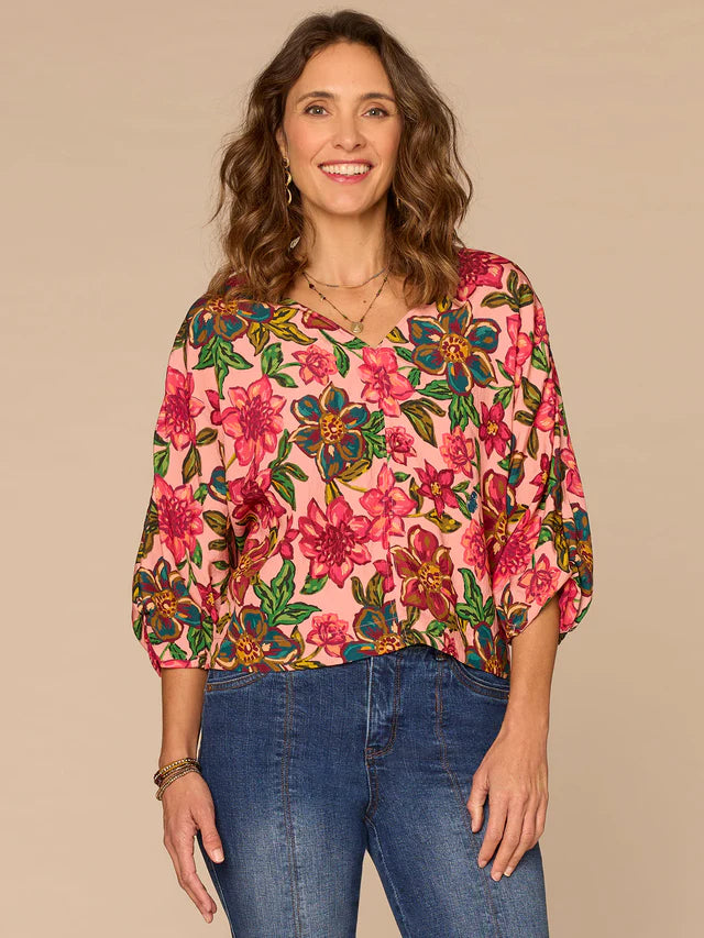 Three Quarter Kimono Sleeve V-Neck Floral Print Woven Top