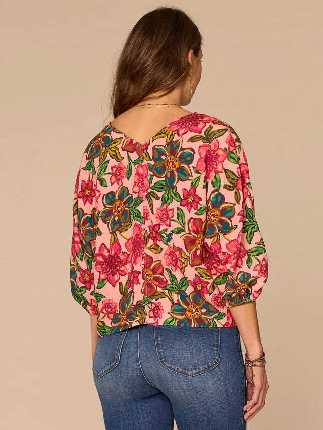 Three Quarter Kimono Sleeve V-Neck Floral Print Woven Top