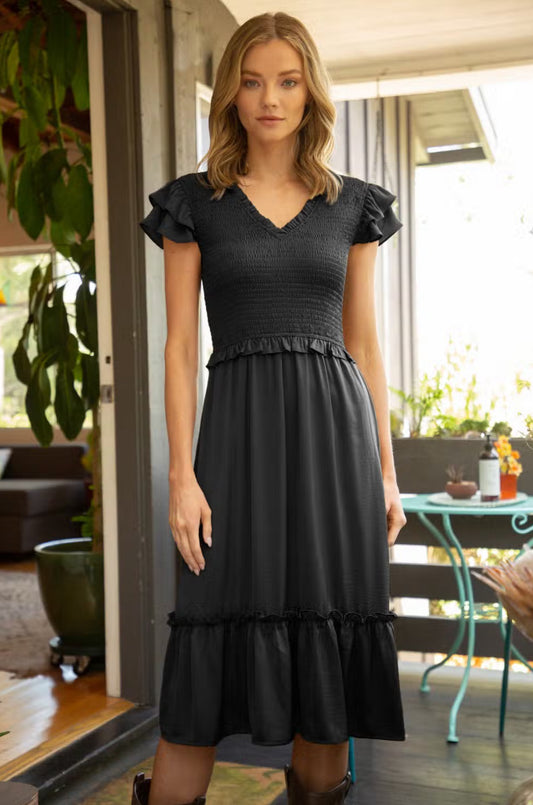 Black Smocked Top Ruffle Sleeve Midi Dress