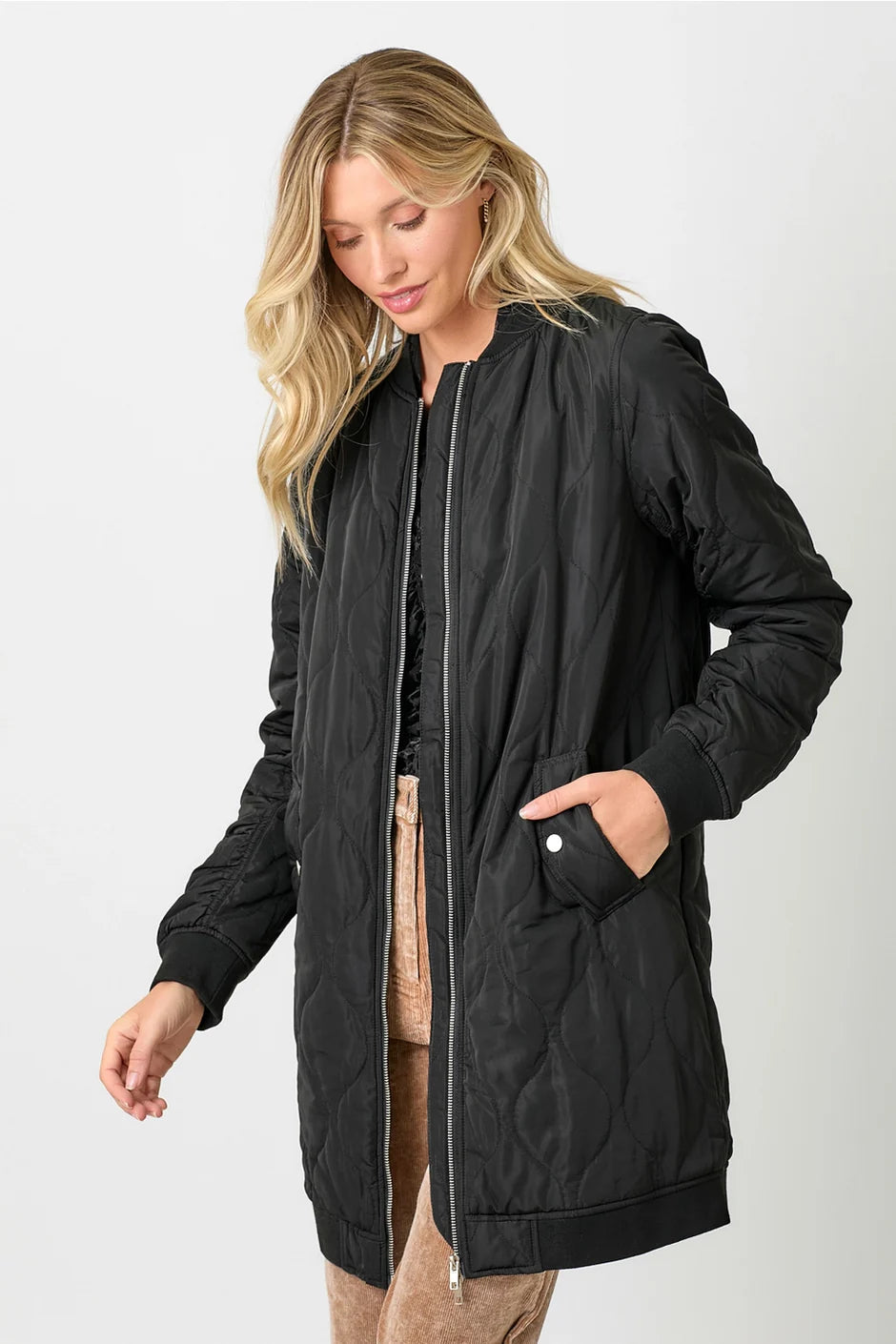 women's quilted long bomber jacket in black