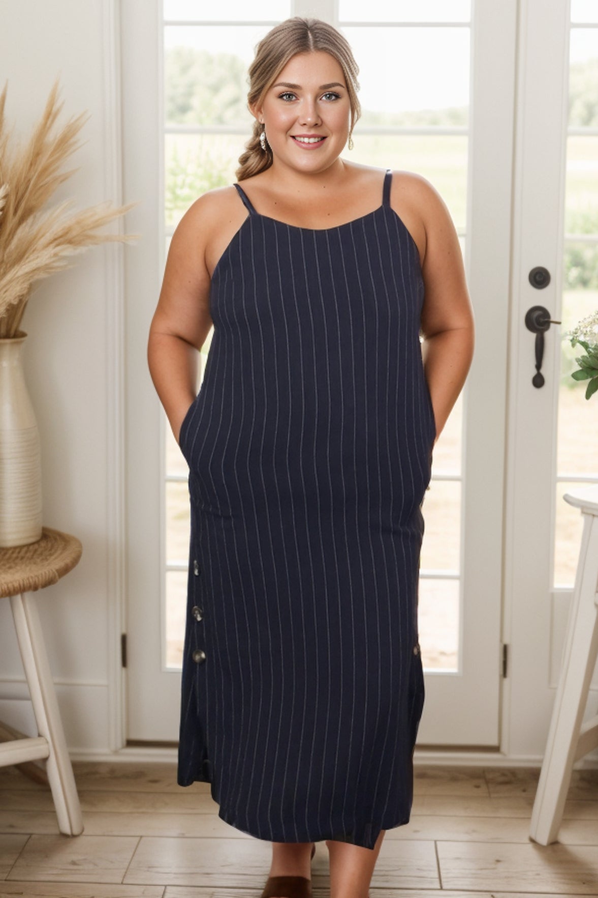 Pinstriped Navy Dress  Boutique Simplified