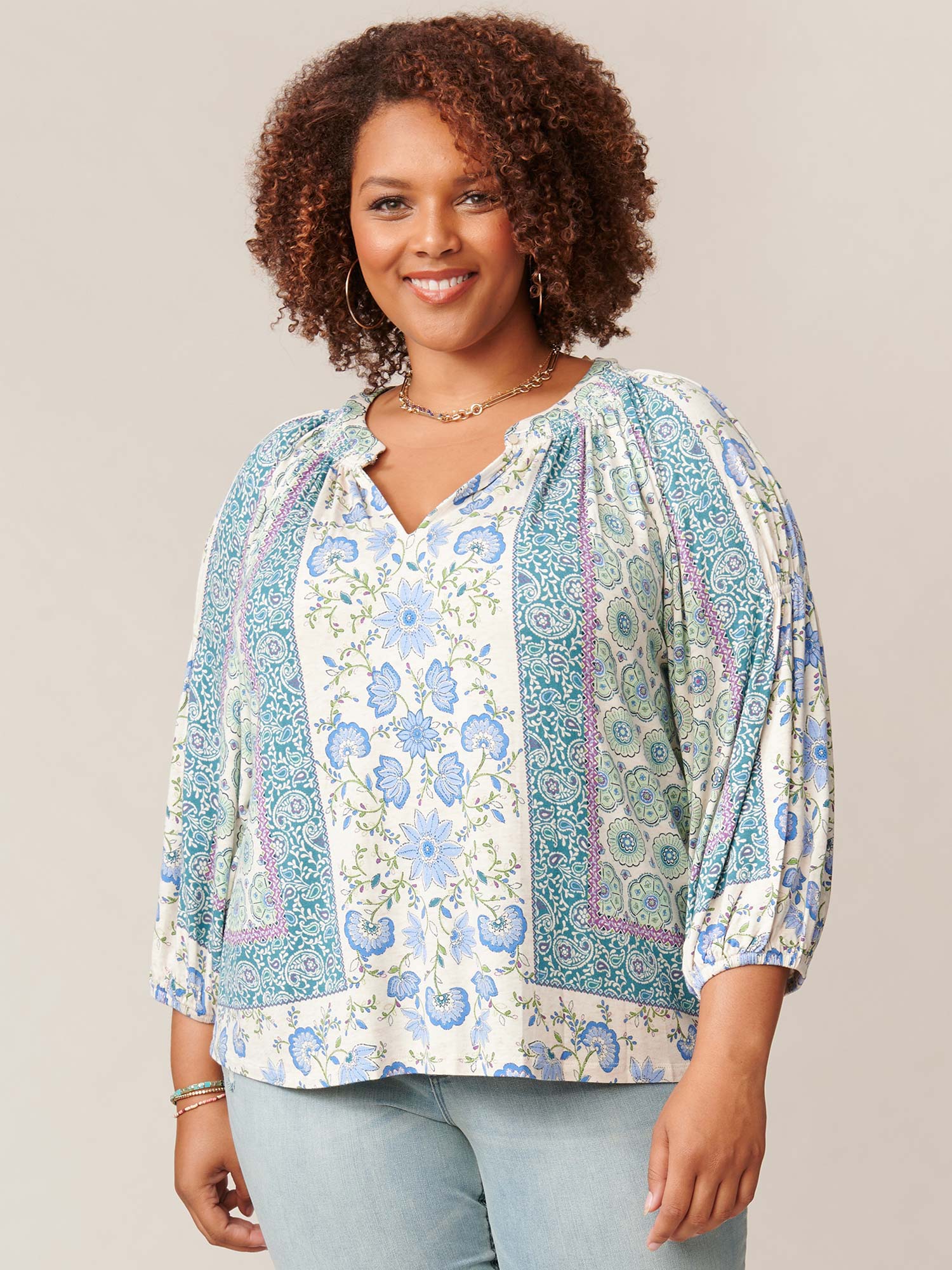 CURVY Blue Green Multi Split Neck Top Fall-Winter JOOR - Democracy