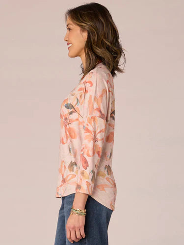 PLUS SIZE Three Quarter Sleeve Rounded V-Neck Floral Printed Knit Top Fall-Winter JOOR - Democracy