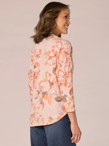 PLUS SIZE Three Quarter Sleeve Rounded V-Neck Floral Printed Knit Top Fall-Winter JOOR - Democracy