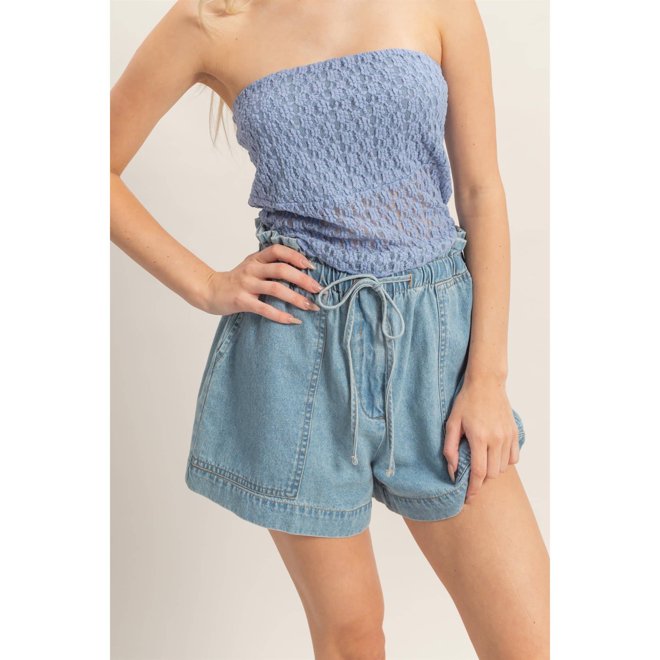 Elastic Waist Patch Pocket Denim Shorts