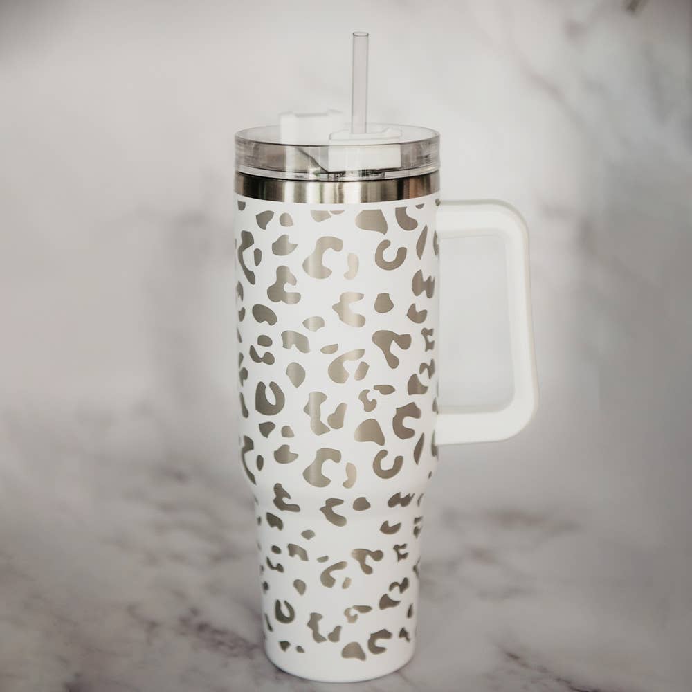 White METALLIC Leopard Tumbler Cup with Handle Core Katydid