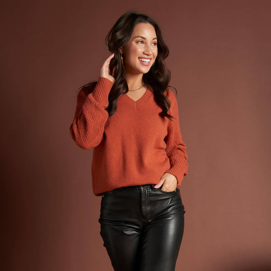 Elsie & Zoey - Emery Diamond Crochet Sleeve V-Neck Sweater