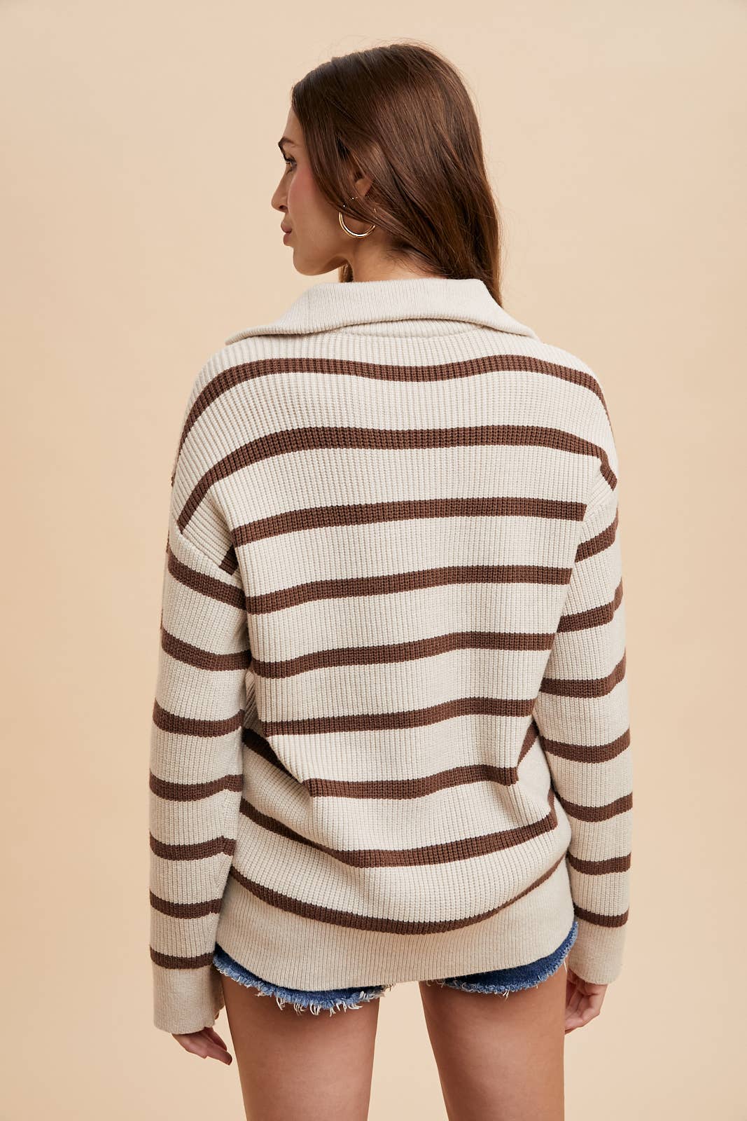 CREME/LATTE STRIPED HALF ZIP KNITTED PULLOVER Fall-Winter In Loom