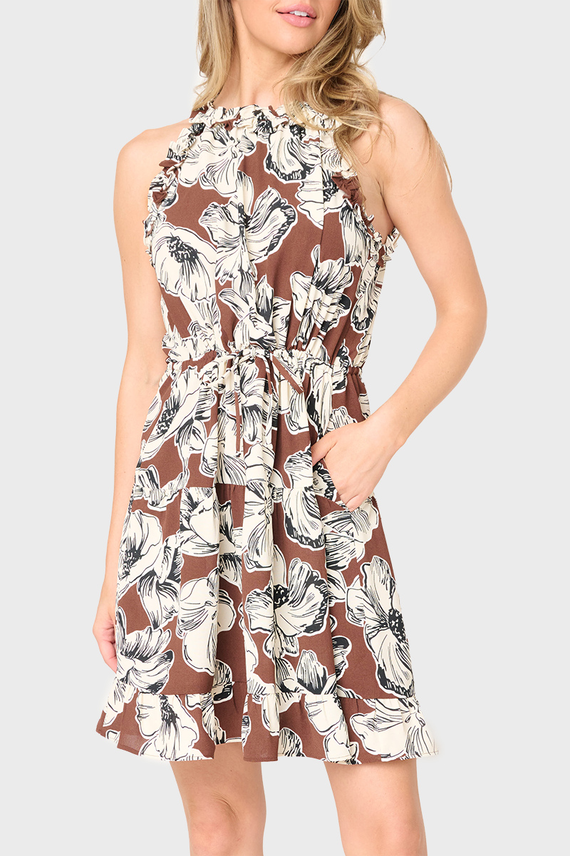 Khloe Dogwood Flower Print Ruffle Halter Dress (ALSO IN CURVY) Fall-Winter Gibsonlook