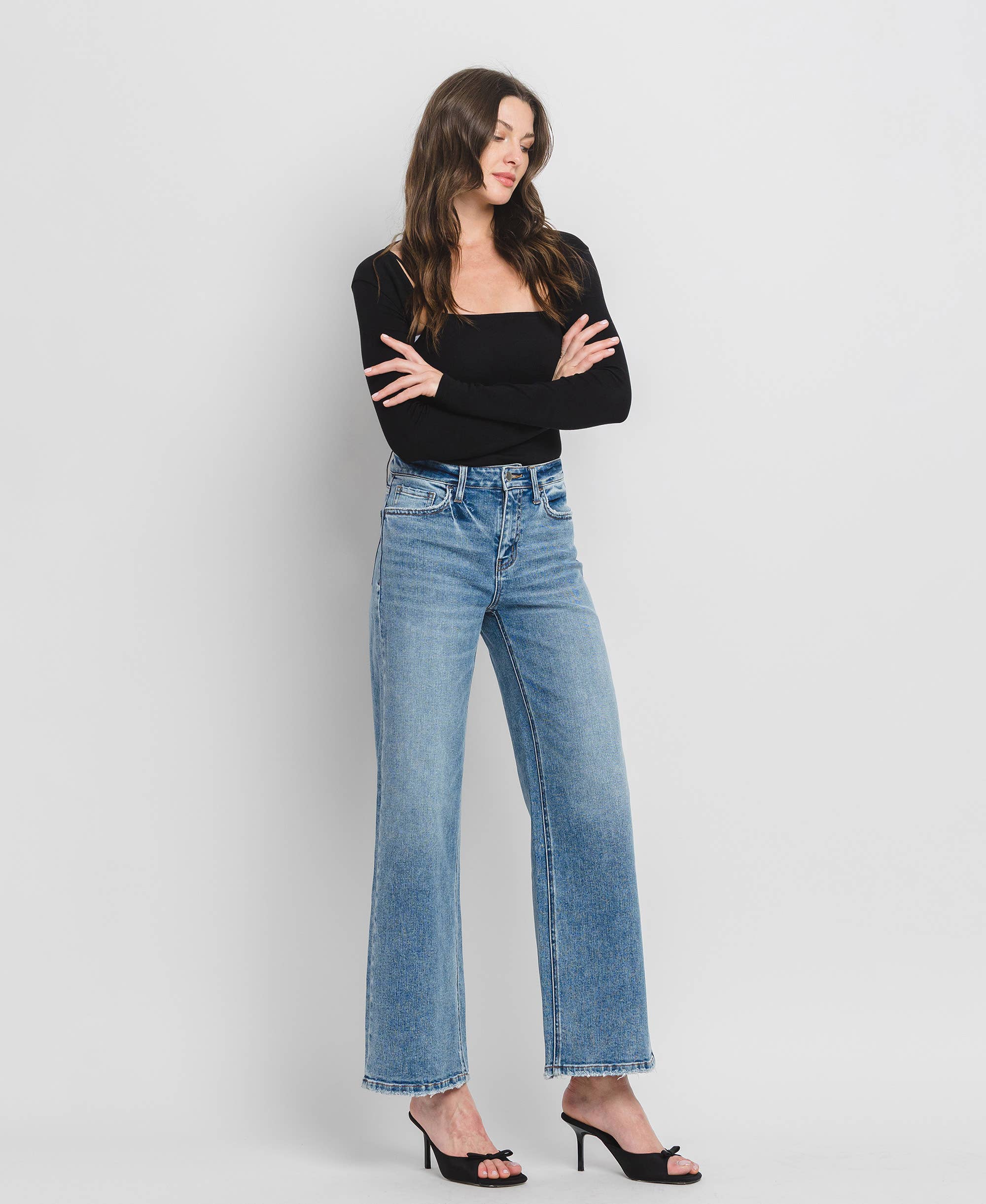 High Rise Wide Leg Jeans - Full Length Comfort Stretch Denim