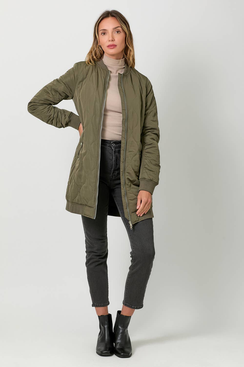Mystree - 60268 Quilted Long Bomber Jacket Mystree