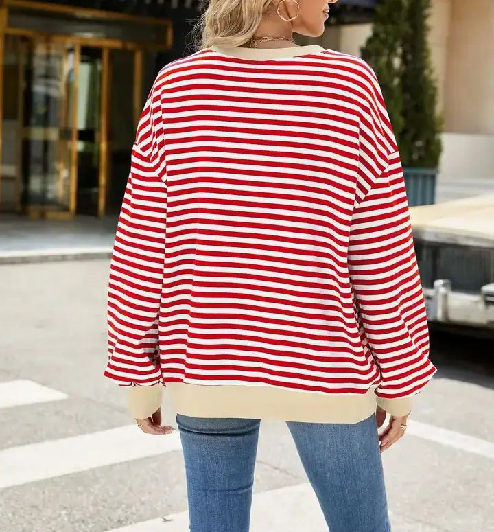 Striped Crew Neck Contrast Color Loose Long Sleeve Sweater