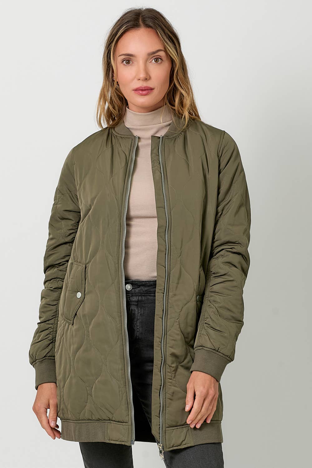 Mystree - 60268 Quilted Long Bomber Jacket Mystree