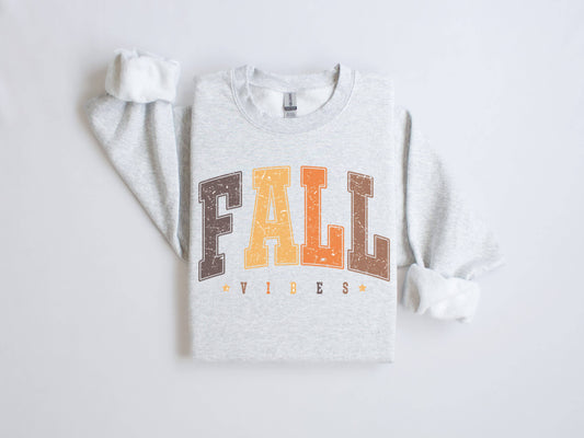 Fall Vibes Varsity Fall Crew Neck Sweatshirt in Ash Fall-Winter Amy Anne Apparel Inc