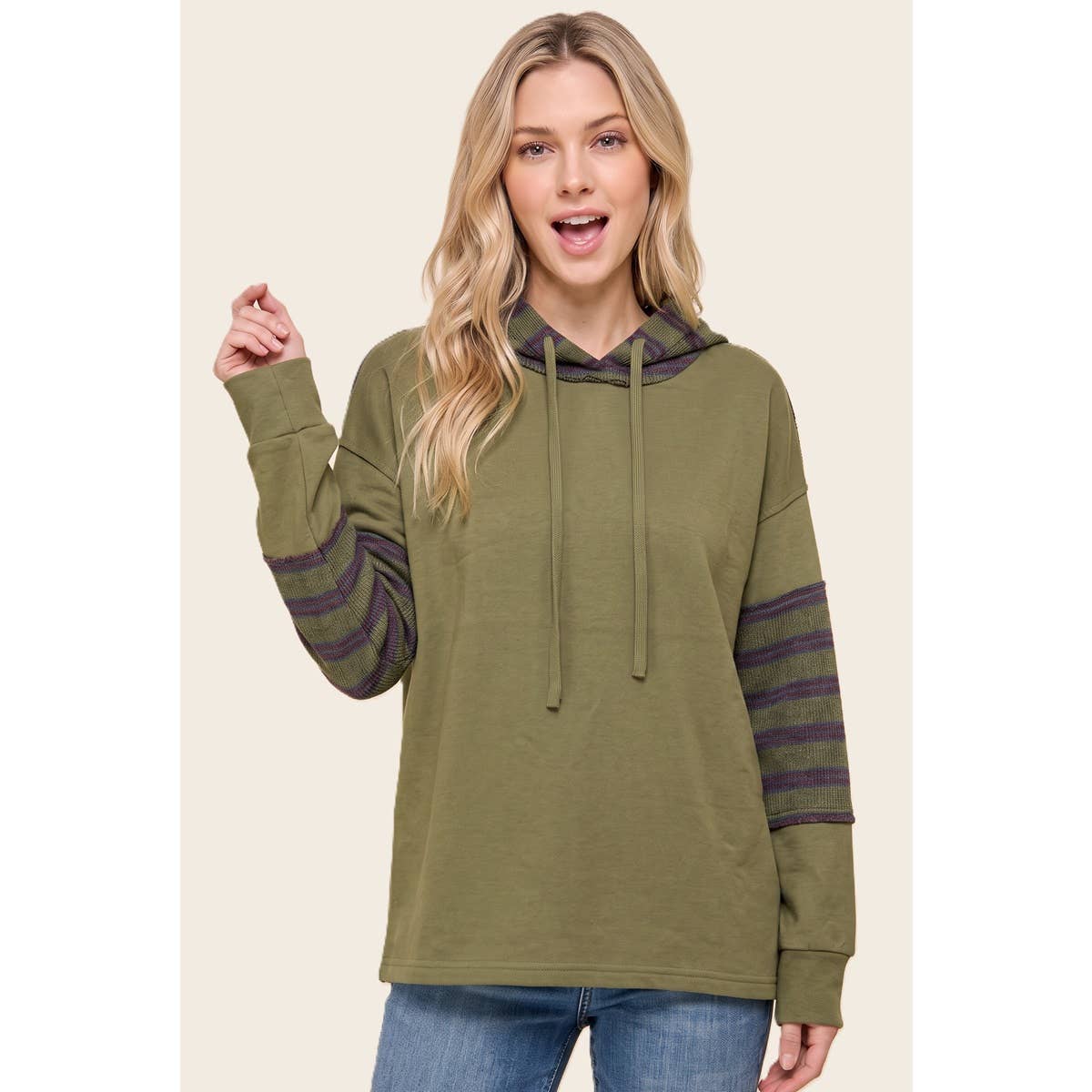 STRIPE MIXED DRAWSTRING HOODIE