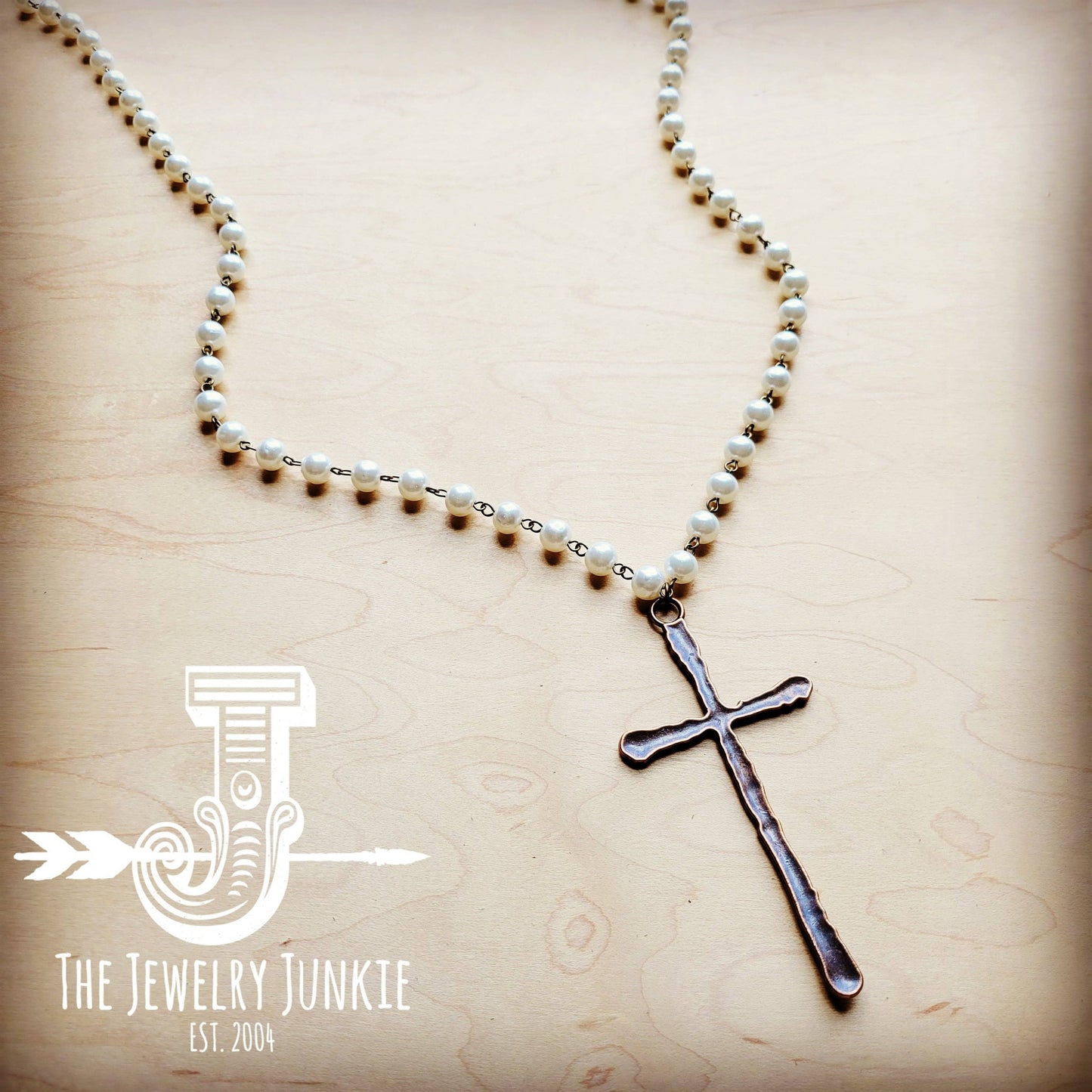 Pearl Long Beaded Necklace with Antique Copper Cross: White Turquoise Core The Jewelry Junkie