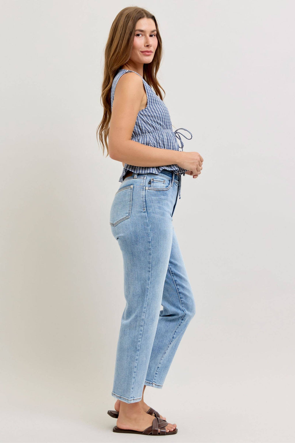udy Blue High Waist Classic Light Wash Ankle Straight Jeans, Inseam 28"