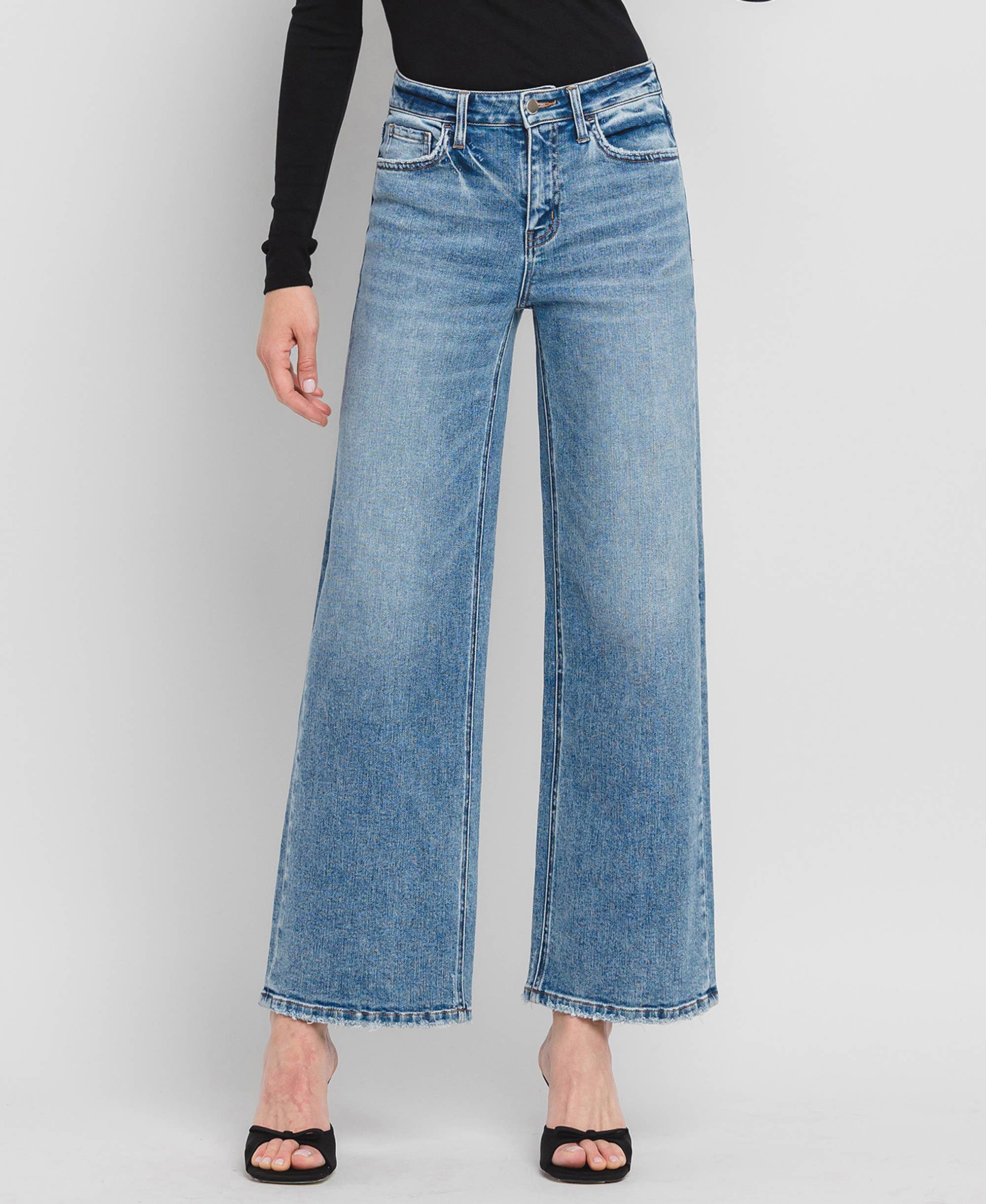 High Rise Wide Leg Jeans - Full Length Comfort Stretch Denim