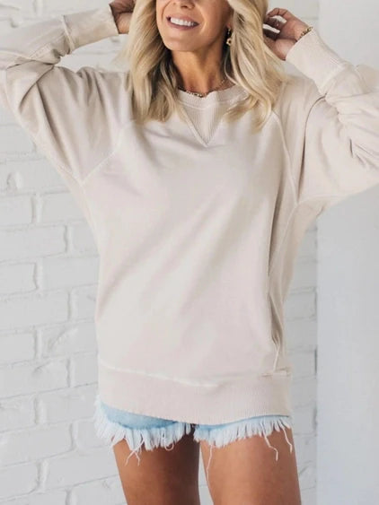 Long Sleeve Pullover – Side Ribbed Pocket Crewneck, Loose Fit Pullover