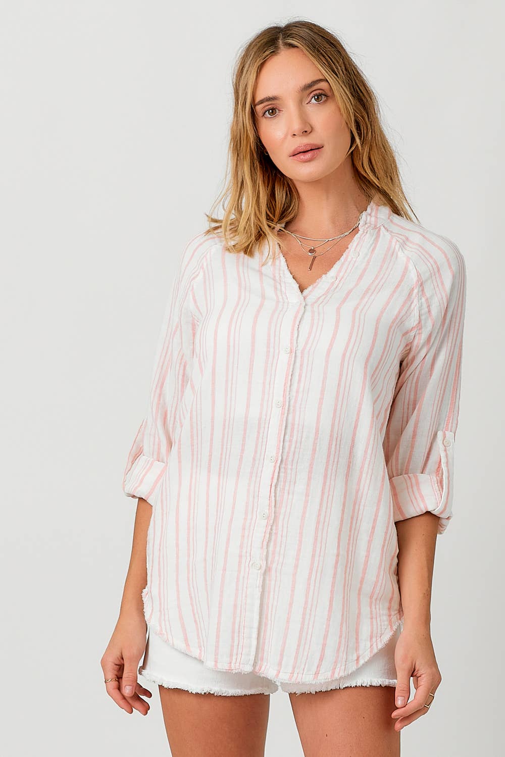 Fray Bottom Stripe Shirt Blush Stripe Spring-Summer Mystree