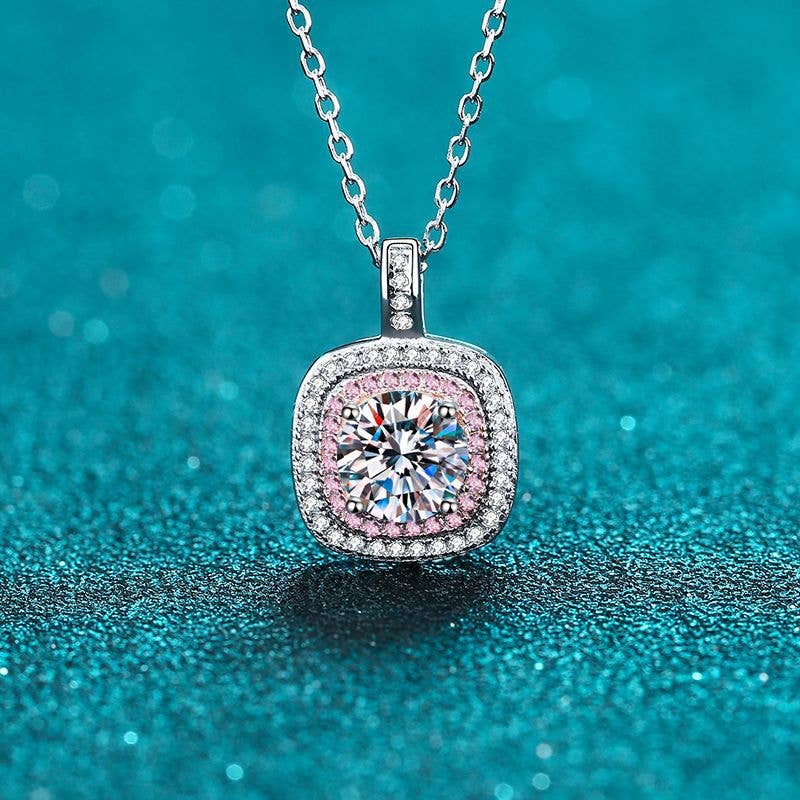 Pink Moissanite Halo Charm Necklace in 925 Sterling Silver Core Perimade & Co. LLC