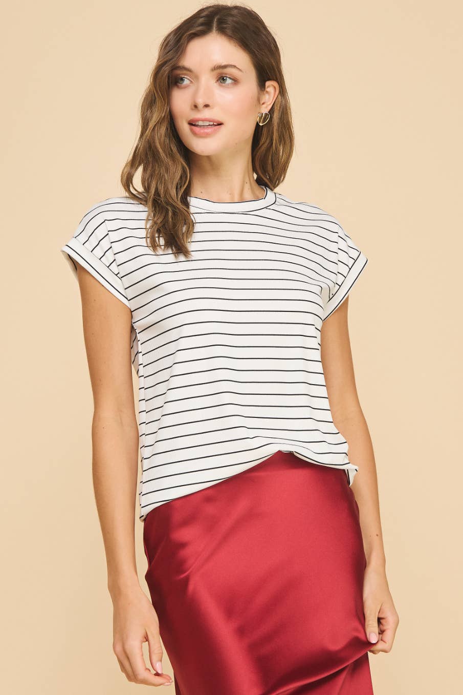 Amicis Kate T-shirt rib stripe cuffed crewneck made in USA model wearing size S
