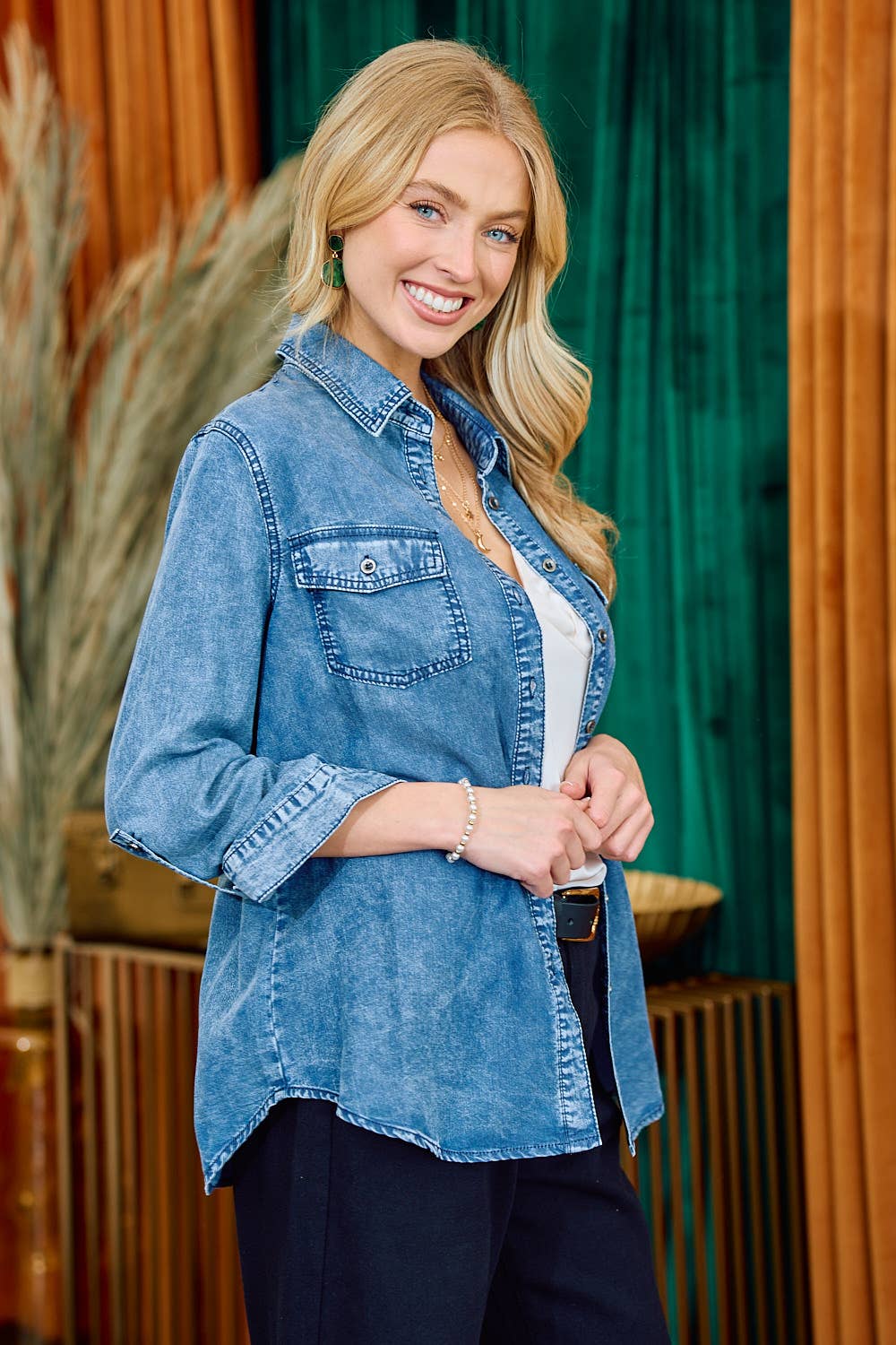 Light Denim Chambray Button Down Shirt With Roll up Sleeve Doe and Rae