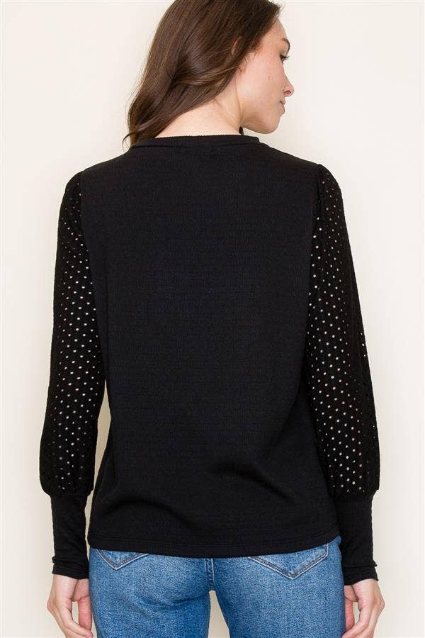 Black Crew Neck Seersucker Top with Puff Eyelet Laced Long Sleeves Fall-Winter STACCATO