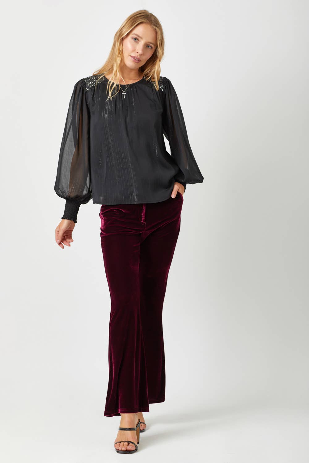 Black Flowy Glitter Chiffon Blouse Fall-Winter Mystree