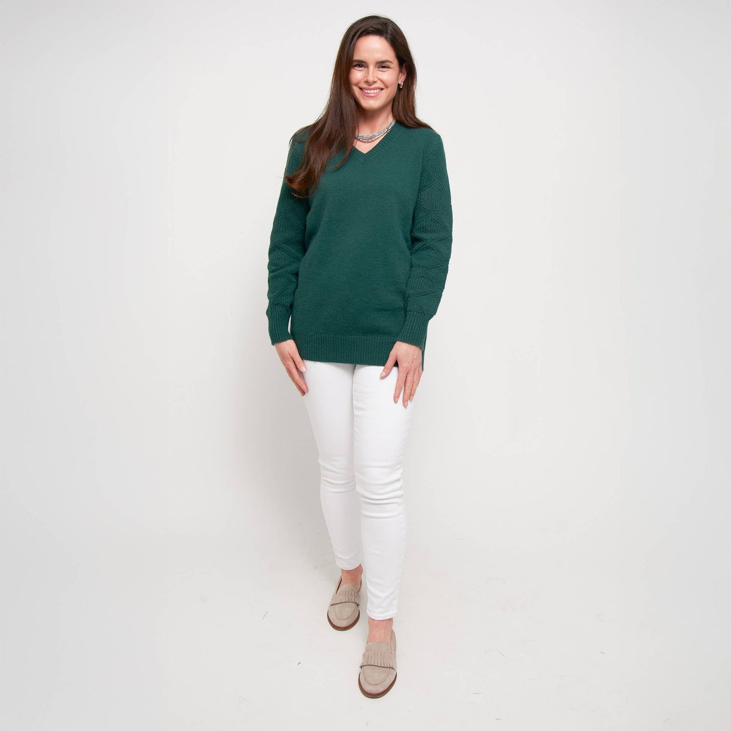 Elsie & Zoey - Emery Diamond Crochet Sleeve V-Neck Sweater